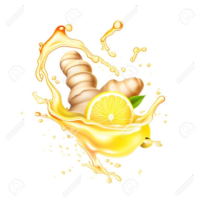 Gemberwortel, citrus en gele thee splash illustratie. Vloeibaar spatten gember ale 3d vector