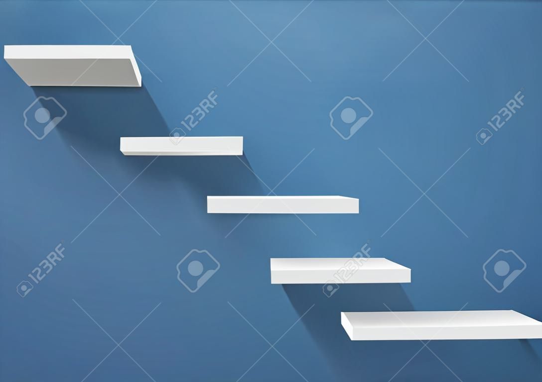 Escada branca realista na parede azul. 3d escadaria ou prateleiras vector