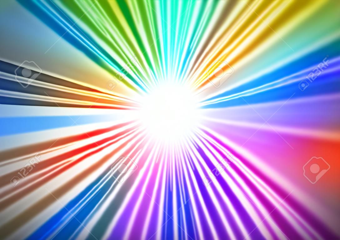 以一颗恒星爆发的彩虹光芒为中心，从中心辐射出蓝色、绿色、红色和紫色