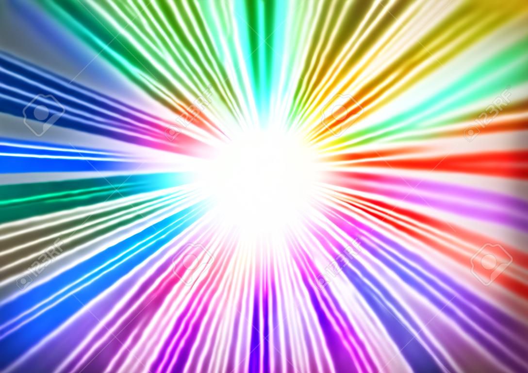 Raios de brilho de luz do arco-íris representados por uma explosão estelar brilhando tons azuis verdes vermelhos e roxos que irradiam do centro.