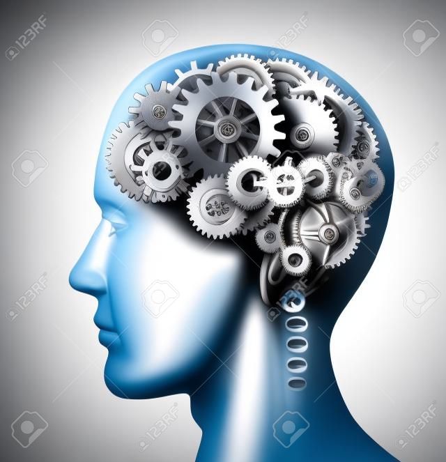 脳のセクションはから成っている歯車と歯車インテリジェンスと白で隔離される精神神経学的な活動の部門を表します。