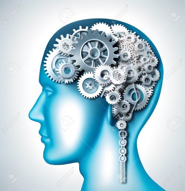 腦切片製作齒輪和齒輪代表智慧和孤立的白色精神神經活動的部門。