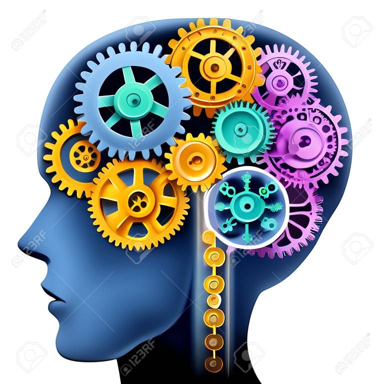 腦切片製作齒輪和齒輪代表智慧和孤立的白色精神神經活動的部門。