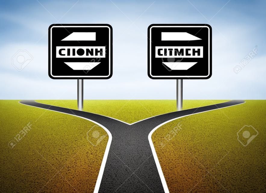 Dos opciones con señales de tráfico en blanco frente a un símbolo de decisión desafío representado por un camino bifurcado para girar en el sentido que es elegido después de enfrentar el difícil dilema.
