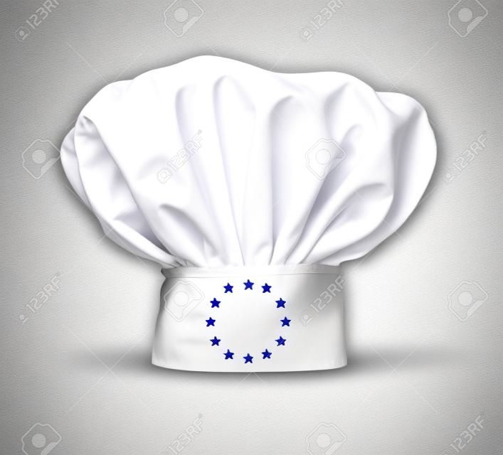 Europäische Lebensmittel-Symbol durch eine Kochmütze mit der Flagge von Europa auf weiß mit Gourmet-Ländern wie Italien und Frankreich isoliert dargestellt.
