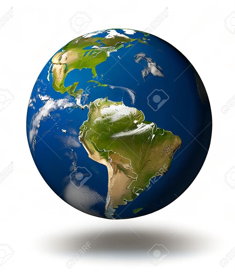 Aardeplaneet met Zuid-Amerika en Latijns-Amerikaanse landen omgeven door blauwe oceaan en wolken geïsoleerd op wit.