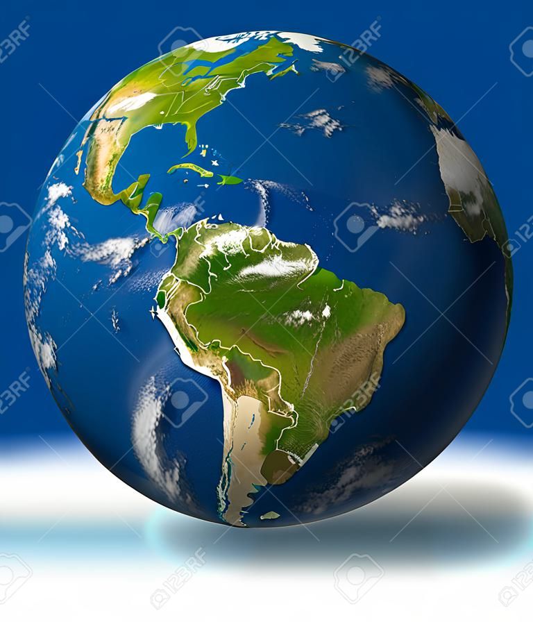 El planeta tierra con América del Sur y países de América Latina rodeado por el océano azul y las nubes aisladas en blanco.