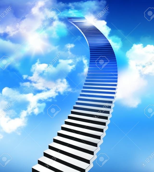 Trap naar de lucht en stijgen naar de top als een succes in business promotie en financiële winst concept met trappen gaan naar de blauwe wolken vervagen hoog in de atmosfeer.