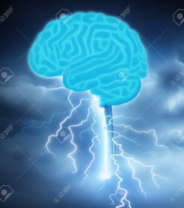 Brainstorm en brainstormende inspiratie concept met een brein en een bliksemstorm als symbool van creativiteit en de creatieve kracht van menselijke ideeën en creatie van innovatieve uitvindingen.