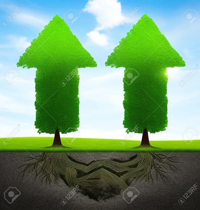 Business partnership growth as an icon of financial cooperation between two partners as trees in the shape of arrows growing and plant roots shaped as shaking hands resulting in success 