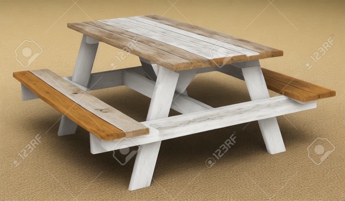 Tavolo da picnic in legno esposto isolato su uno sfondo bianco come simbolo di estate e il tempo libero di attività barbecue