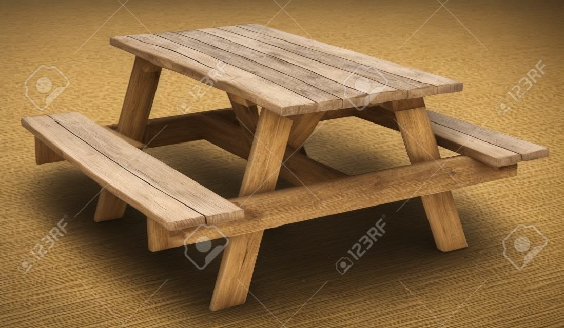 Picnic Table made of weathered wood on an isolated white background as a symbol of summer and barbecue leisure activity 