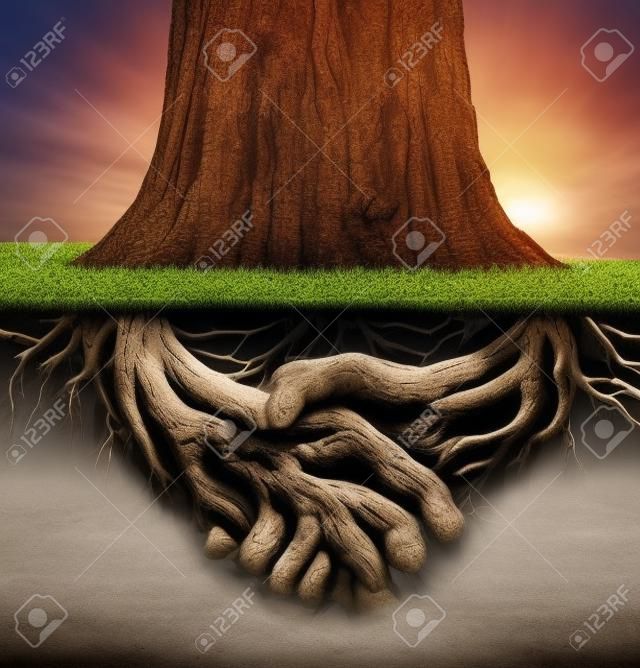 深強企業作為根樹幹與根的手抖動的形狀，在財務和關係的統一信任和誠信的象徵