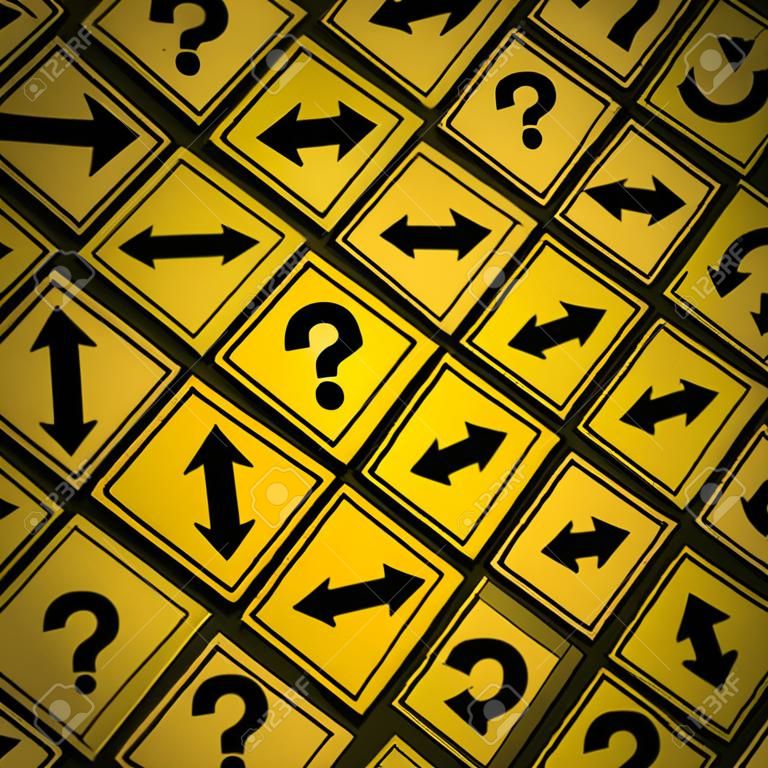 Choice and confusion as a strategy or path in a business or life management concept with confusing different yellow direction street signs pattern showing dilemma questions looking for solutions for success 