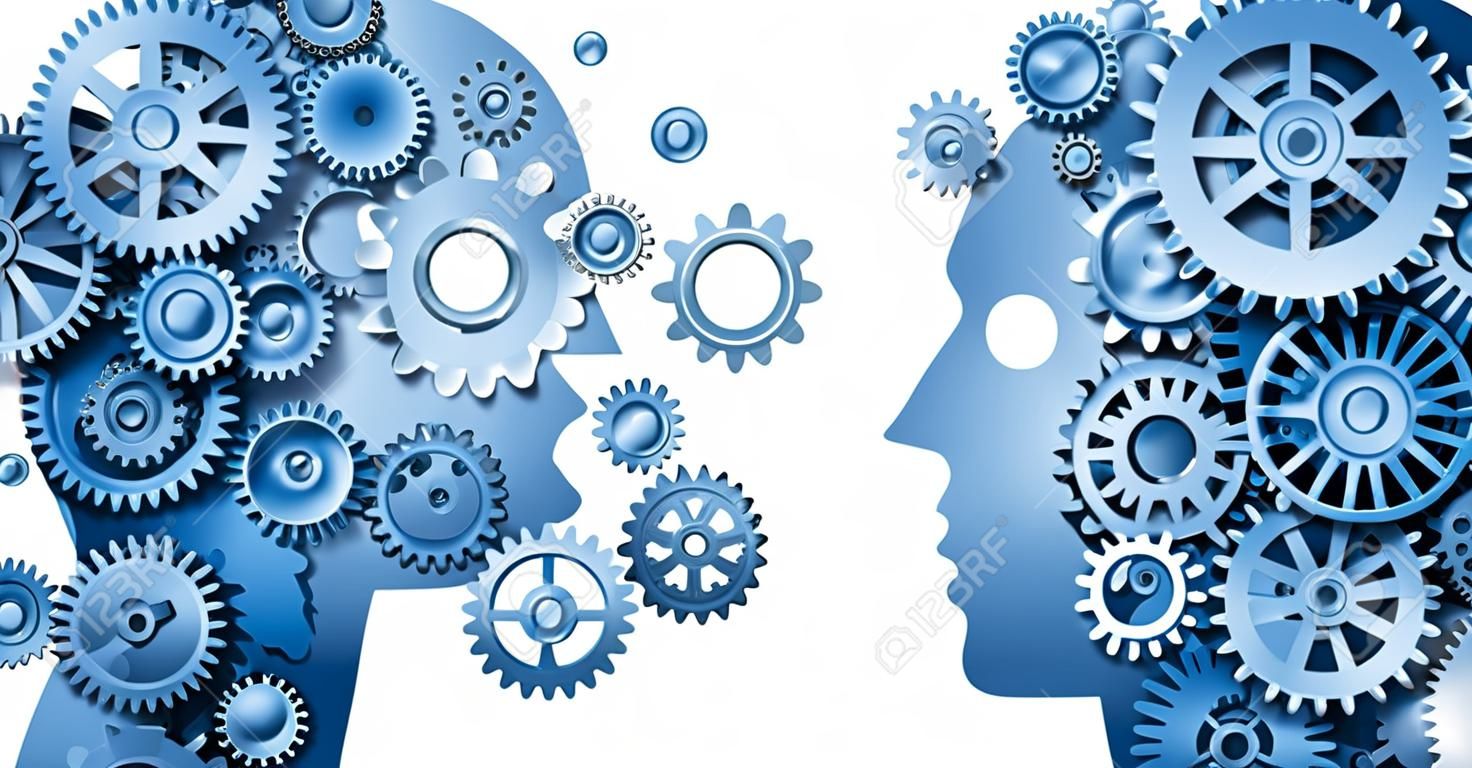 Узнать и вести совместную работу и лидерство в образовании символ представлен двумя человеческими головами фронтальной и боковой вид формы с передачами, как мозг идея сделаны из винтиков представляющих работать вместе как команда в партнерстве