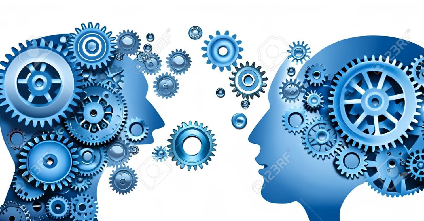 Узнать и вести совместную работу и лидерство в образовании символ представлен двумя человеческими головами фронтальной и боковой вид формы с передачами, как мозг идея сделаны из винтиков представляющих работать вместе как команда в партнерстве
