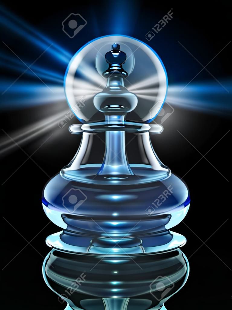 Potentieel binnenin en de kracht binnenin om te transformeren tot een grote leider door naar binnen te kijken als een transparante glazen schaak pion met een koningsstuk verborgen in de kern met een gloeiend licht op zwart