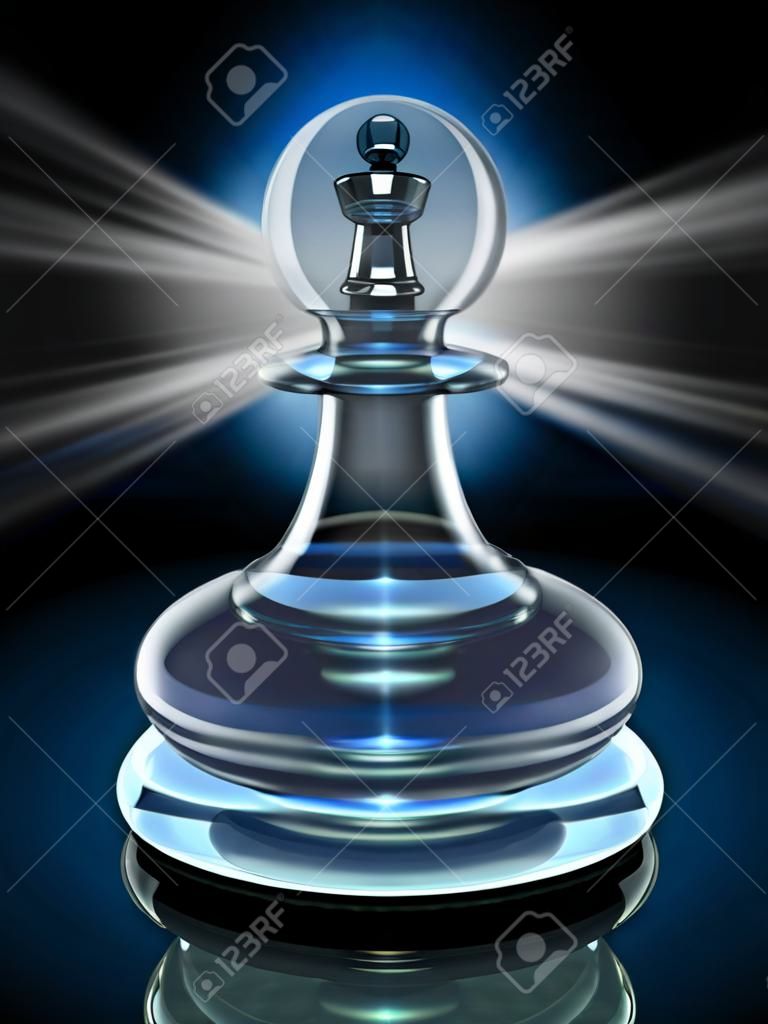 Potentieel binnenin en de kracht binnenin om te transformeren tot een grote leider door naar binnen te kijken als een transparante glazen schaak pion met een koningsstuk verborgen in de kern met een gloeiend licht op zwart