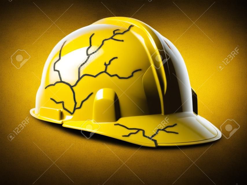 Arbeiten Unfall-und Gesundheitsgefahren am Arbeitsplatz als gestrichelte geknackt gelben Helm Helm als Symbol der Arbeit Verletzungen und Versicherungsfälle von physischen Schäden und Schmerzen an den Arbeitnehmer