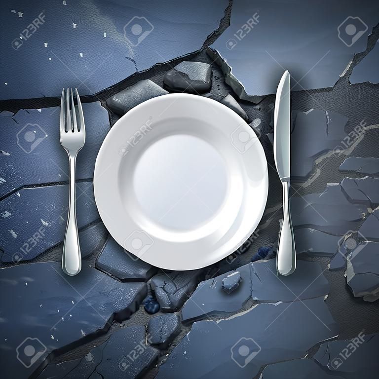 Уличная еда и кормление бедных, которые являются бездомными и голодными с пустой белой тарелку с вилкой и ножом на старой грязной асфальтовой дороги города как концепция нездоровой пищи или городской кухни
