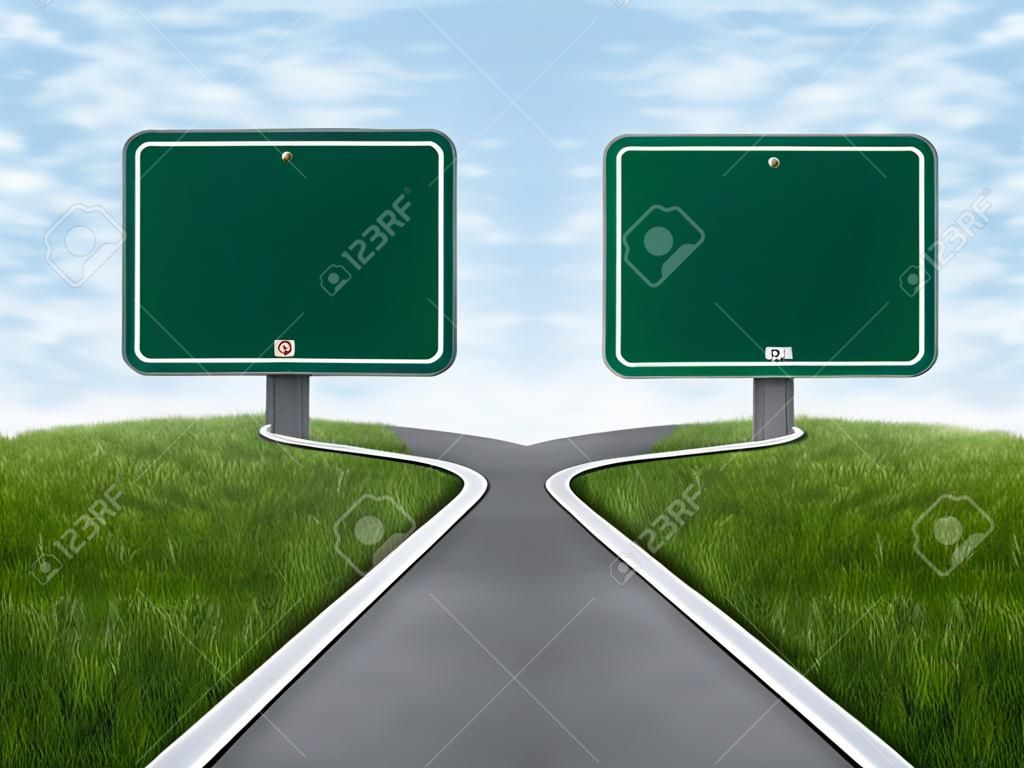 Attraversare le strade con due segnali stradali in bianco per la copia di spazio come un concetto di business e strategia simbolo che rappresenta le scelte difficili e le sfide quando si seleziona la strada giusta strategico per la pianificazione finanziaria