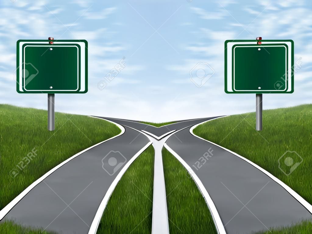 有两个空白的道路标志复制空间作为一个商业概念和战略符号，代表了艰难的选择和挑战，选择正确的战略路径的财务规划