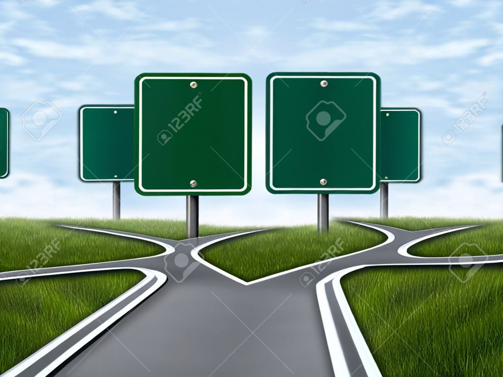 Cruzar carreteras con dos señales de tráfico en blanco para copia espacio como un concepto de negocio y el símbolo que representa la estrategia de las elecciones difíciles y los desafíos cuando se selecciona la ruta estratégica derecho a la planificación financiera