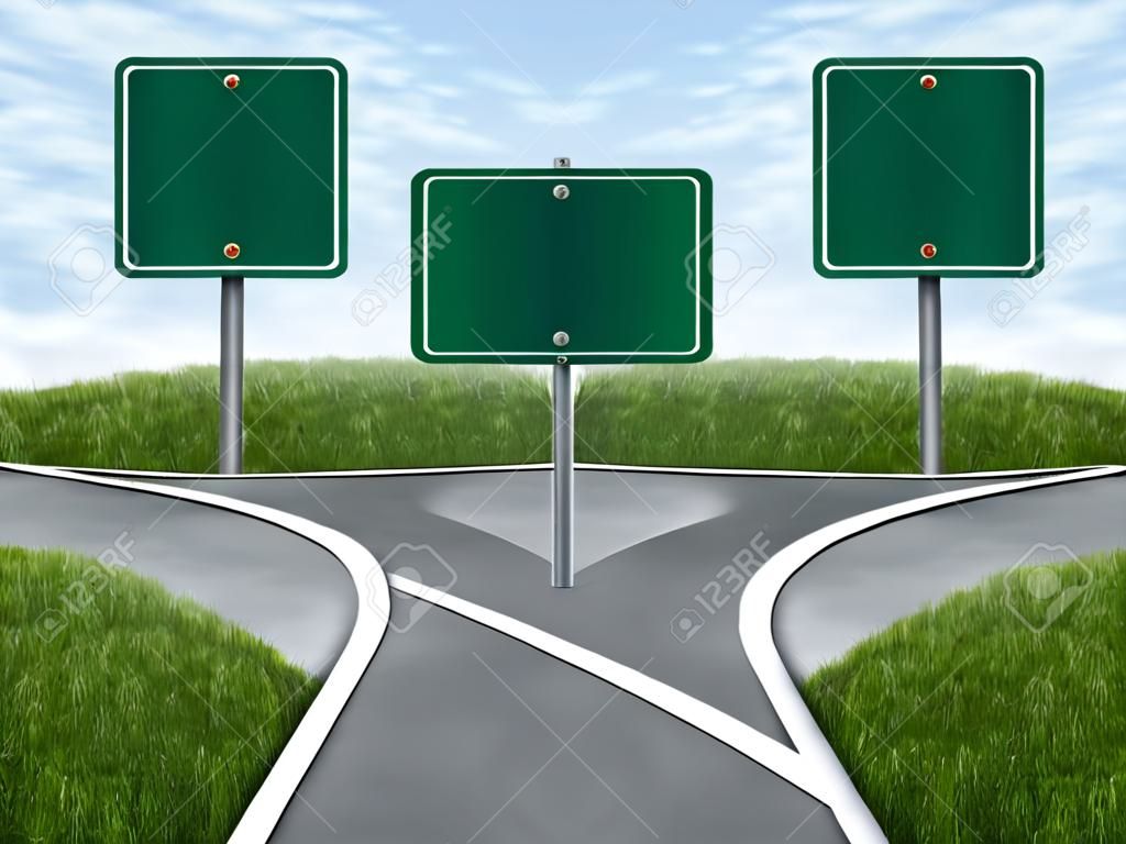 Atravessar estradas com dois sinais de estrada em branco para espaço de cópia como um conceito de negócio e símbolo de estratégia que representa as escolhas e desafios difíceis ao selecionar o caminho estratégico certo para o planejamento financeiro