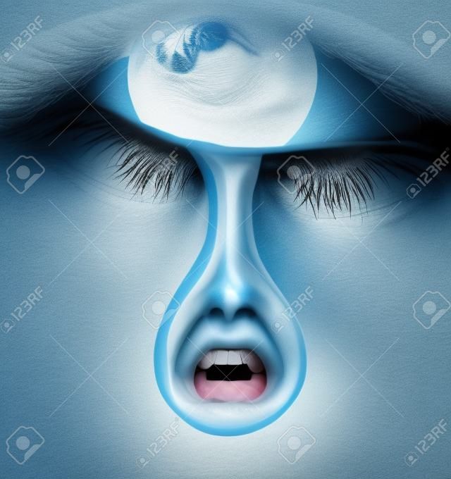 Aflição e sofrimento com um olho humano chorando uma única gota de lágrima com uma expressão facial gritante de angústia e dor devido à dor ou perda emocional ou burnout de negócios