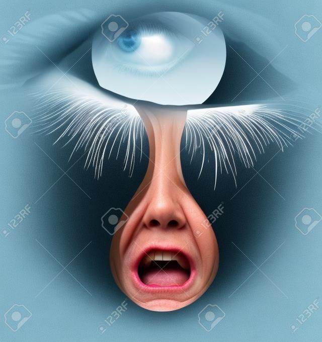 Aflição e sofrimento com um olho humano chorando uma única gota de lágrima com uma expressão facial gritante de angústia e dor devido à dor ou perda emocional ou burnout de negócios