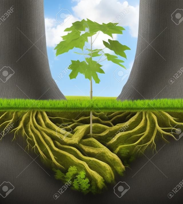 新しいビジネス developmentgrowth コンセプト チームの新しい成長機会の創出に終って、合意ハンドシェイクの形をした植物の根として一緒に来る 2 つのパートナーの木のグループ