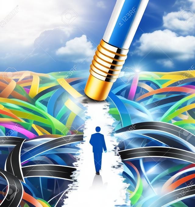 Clear the confusion leadership solutions with a businessman walking through a group of tangled roads opened up by a pencil eraser as a business concept of innovative thinking for financial success 