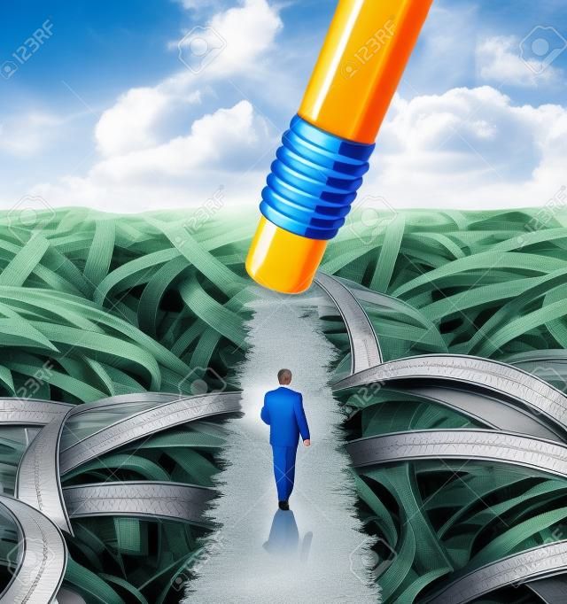 Clear the confusion leadership solutions with a businessman walking through a group of tangled roads opened up by a pencil eraser as a business concept of innovative thinking for financial success 