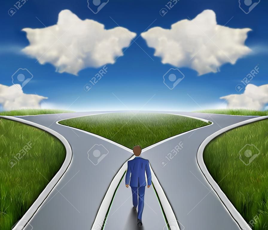 商业指导的问题和职业道路作为一个商人走到十字路口的公路上，有两个云彩形状的箭头指向相反的方向在一个蓝色的夏天天空和草代表财务咨询指南和寻找答案。