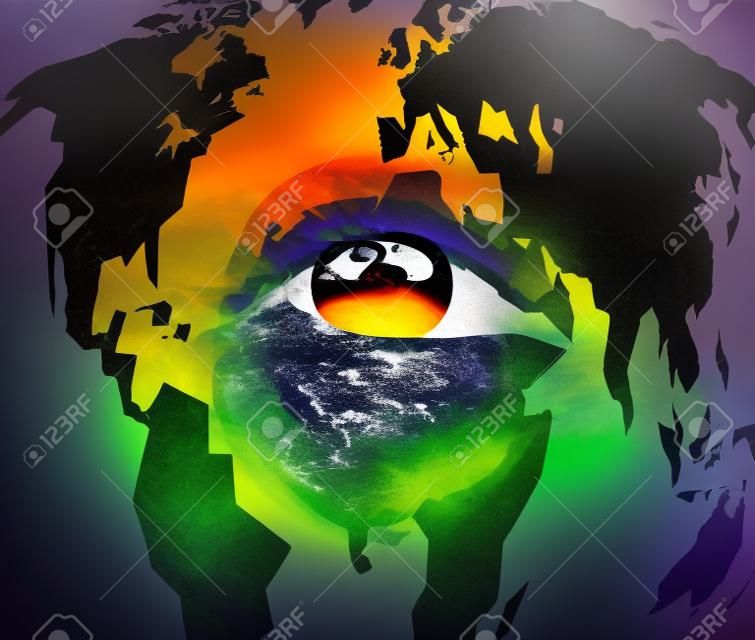 La violencia doméstica y abuso de Global concepto de la madre tierra con un ojo negro magullado violenta en un rostro humano con un mapa del mundo como un símbolo de daño al medio ambiente y el derecho internacional para la protección de las mujeres y los derechos humanos