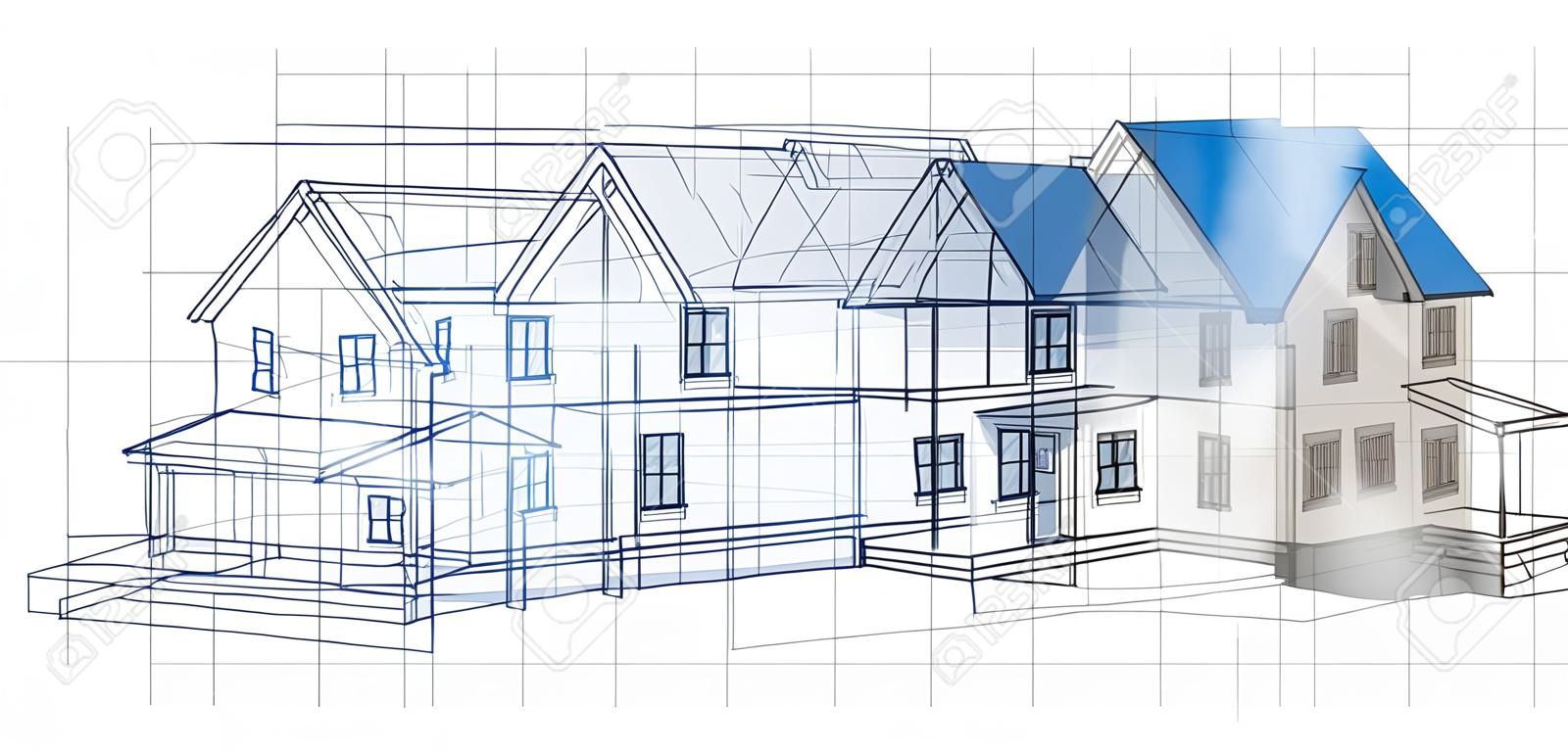 Проектирование Жилых Строительства Развития И Планирования Понятие, Как  Предварительный Эскиз Чертеж Плана Развивается До Готового Построенный Дом  Как Символ Жилищного Строительства Архитектуры Вдохновения Фотография,  картинки, изображения и сток ...