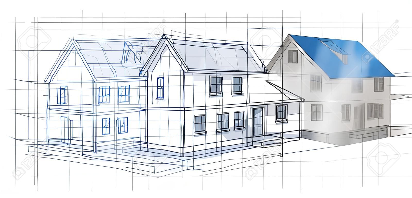 Проектирование Жилых Строительства Развития И Планирования Понятие, Как  Предварительный Эскиз Чертеж Плана Развивается До Готового Построенный Дом  Как Символ Жилищного Строительства Архитектуры Вдохновения Фотография,  картинки, изображения и сток ...