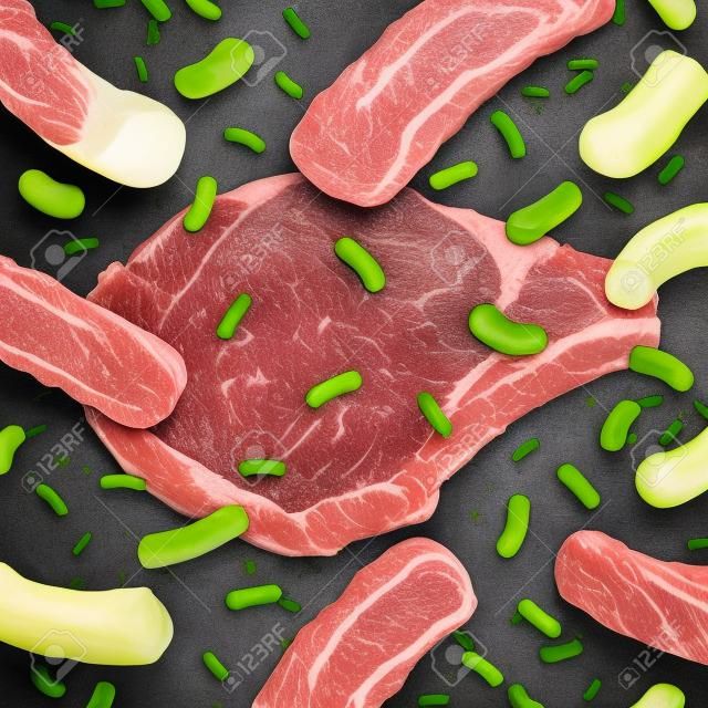 Загрязнение мяса и запятнана концепция питания с сырым красный Говядина стейк инфицированного опасных бактерий, как E.coli, в результате чего опасностях для здоровья и биологически опасных медицинской ситуации, как символ риска для здоровья