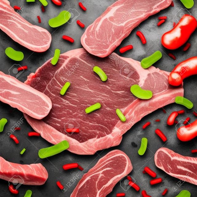 肉汚染と汚された食べ物コンセプト E 大腸菌の健康リスクのシンボルとして健康危険とバイオハザードの医療状況の結果として危険な細菌に感染して生赤牛肉ステーキと