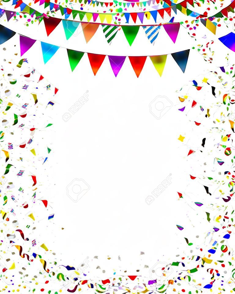 Bunting flags confetti frame as a celebration and party framed decoration for a festival or carnival celebrating a birthday or important event with blank copy space 