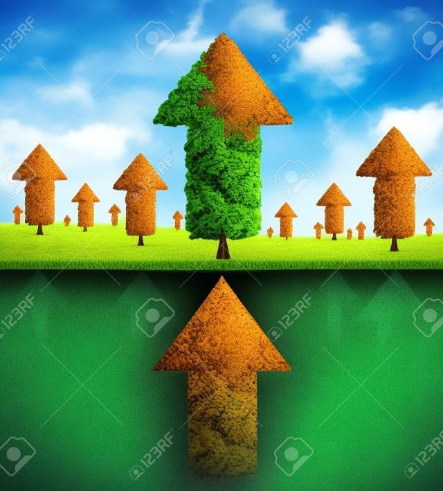 Financial stability and strong growing economy metaphor as a group of trees shaped as arrows and a root system shaped as as an arrow pointing up towards succees as a business symbol of economic teamwork strength 
