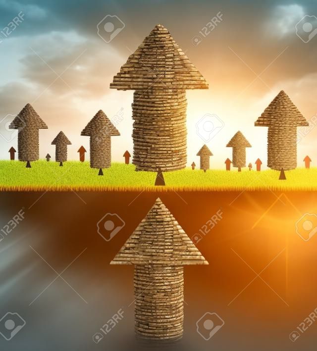Financial stability and strong growing economy metaphor as a group of trees shaped as arrows and a root system shaped as as an arrow pointing up towards succees as a business symbol of economic teamwork strength 