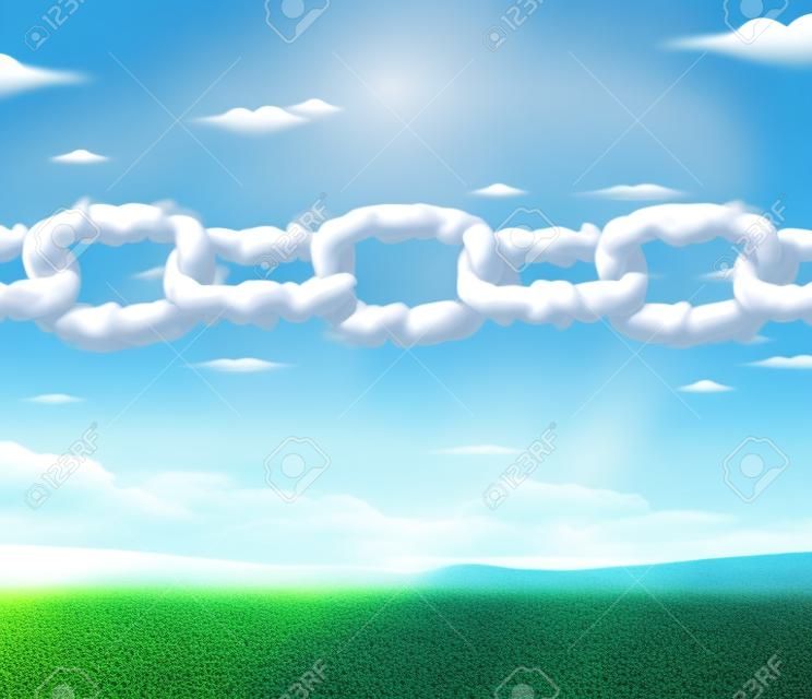 Cloud chain network business concept as a group of cumulus clouds in the sky shaped as a linked chain connected together as an icon of financial and technology cooperation or environmental air quality partnership 