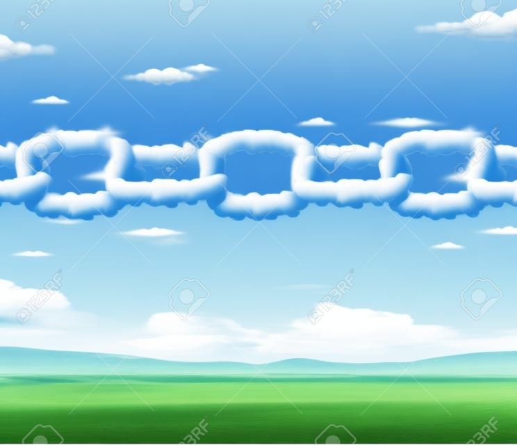 Облако цепь сеть бизнес-концепция как группа кучевые облака в небе, выполненный в виде связанного цепи, соединенных вместе в виде значка финансового и технологического сотрудничества или партнерства качества воздуха окружающей среды