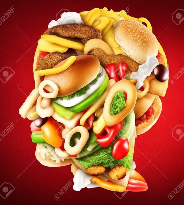 Concept de la santé de l'alimentation malsaine avec un groupe de gras fast-food dans la forme d'une tête humaine comme un symbole de dangerouse manger mode de vie et l'icône de la dépendance à la mauvaise nutrition et le risque de maladie cardiaque