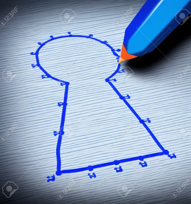 Csatlakoztassa a pontok üzleti megoldások koncepció, mint egy kék ceruzával összekötő a gyerekek puzzle ikon egy kulcslyukon, mint egy metafora a siker kulcsa a tervezés és stratégia