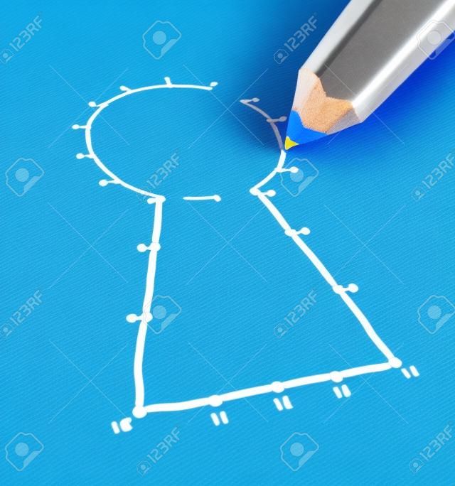 Connect the dots business solutions concept as a blue pencil connecting  a kids puzzle icon of a keyhole as a metaphor for the key to success with planning and strategy 