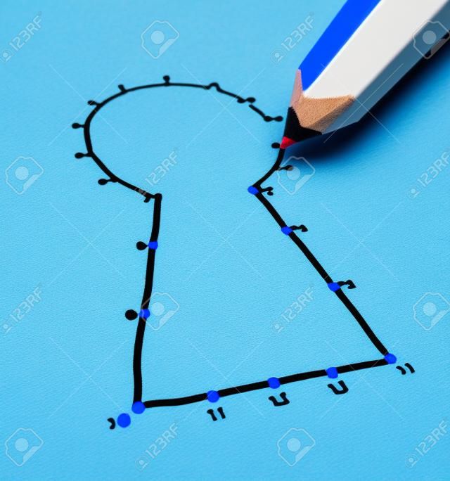 連接點的業務解決方案的概念為藍色鉛筆連接鎖孔的孩子拼圖圖標來比喻成功的關鍵規劃和戰略