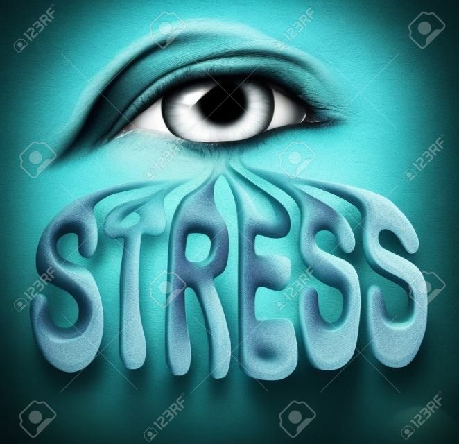 Concetto di stress umano come un occhio che lacrima una lacrima che è plasmata dalle lettere come metafora dei problemi di salute mentale legati alla solitudine del panico e alla malattia emotiva basata sul dolore o sullo squilibrio chimico come ansia e far fronte alla vita stressante