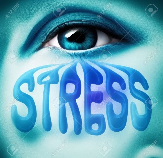 Concetto di stress umano come un occhio che lacrima una lacrima che è plasmata dalle lettere come metafora dei problemi di salute mentale legati alla solitudine del panico e alla malattia emotiva basata sul dolore o sullo squilibrio chimico come ansia e far fronte alla vita stressante